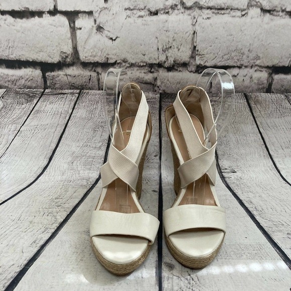 Jean Michel Cazabat Ivory Leather Textile Espadrille Wedge Sandals Size 6.5 - Picture 2 of 12